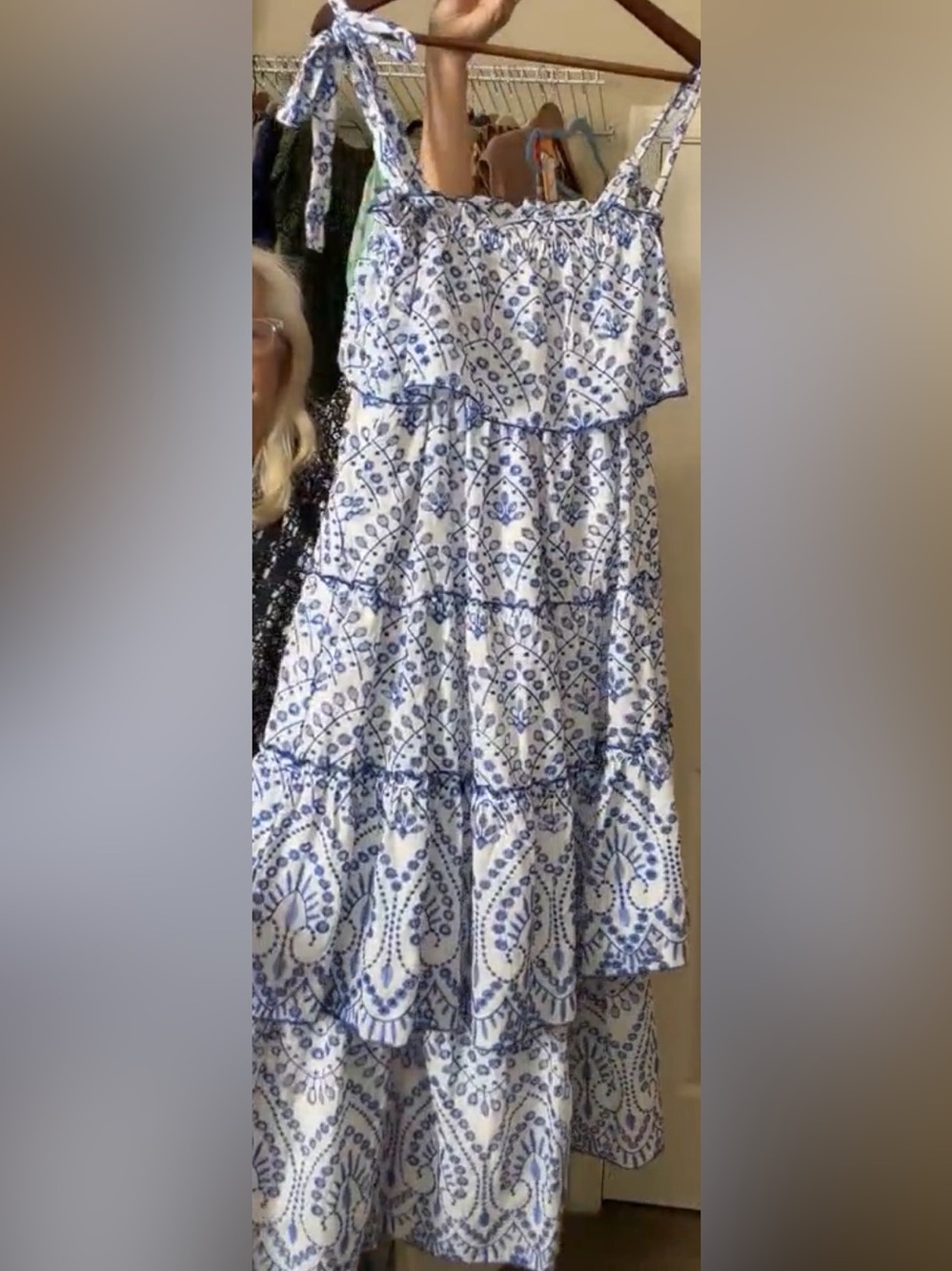 TCEC Blue & White Tiered Tie-Shoulder Midi Dress, NWOT, Size Small